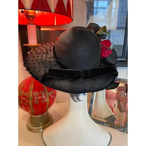 vintage 1940s black straw wide brim hat with veil and roses 40s film noir floral